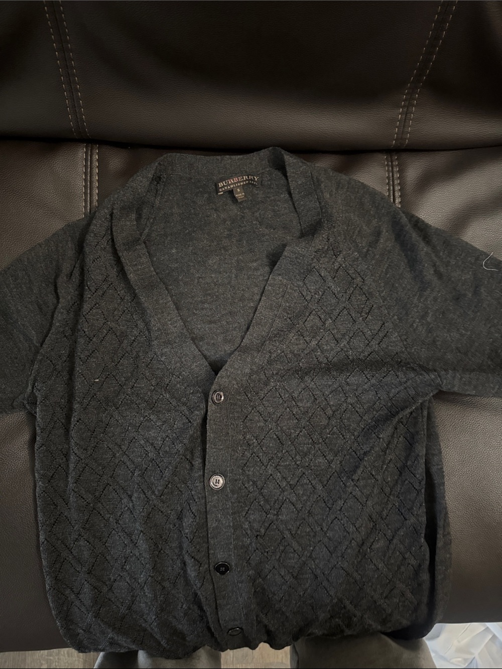 Burberry Charcoal Gray Diamond-Textured V-Neck Cardigan